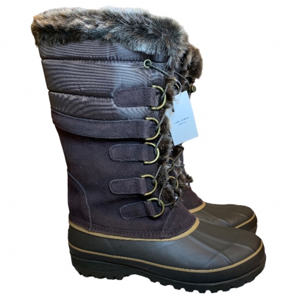 LANDSEND BROWN Womens Hillary Snow Boots Rugged Warm Winter Faux Fur Side Zip - Picture 1 of 5